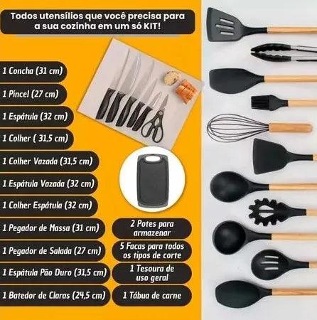 Kit Completo 19 Peças Utensílios de Silicone e Aço Inoxidável para Cozinha