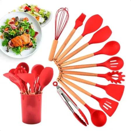 Kit Utensílios de Silicone com Cabo de Madeira