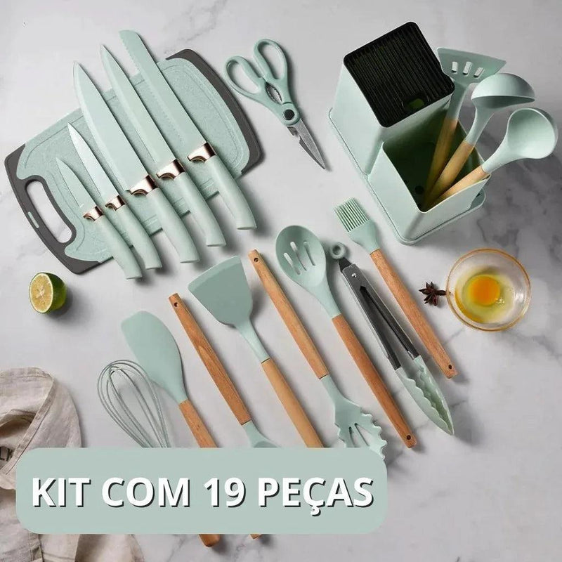 Kit Completo 19 Peças Utensílios de Silicone e Aço Inoxidável para Cozinha