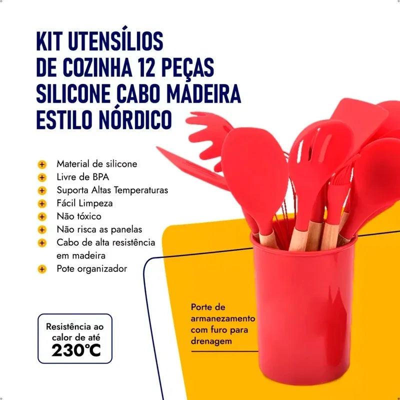 Kit Utensílios de Silicone com Cabo de Madeira